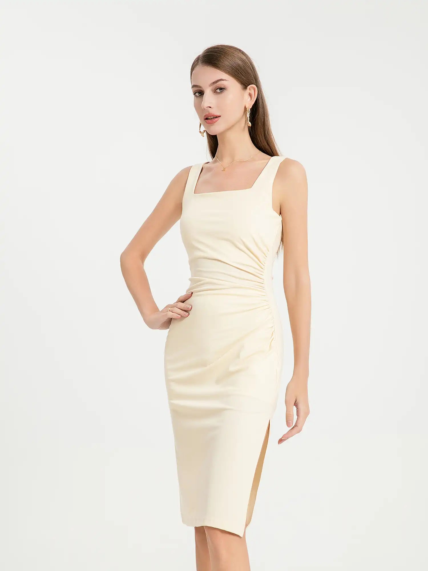 Icy Touch Ruched Side Square Neck Form Fitting Midi Dress