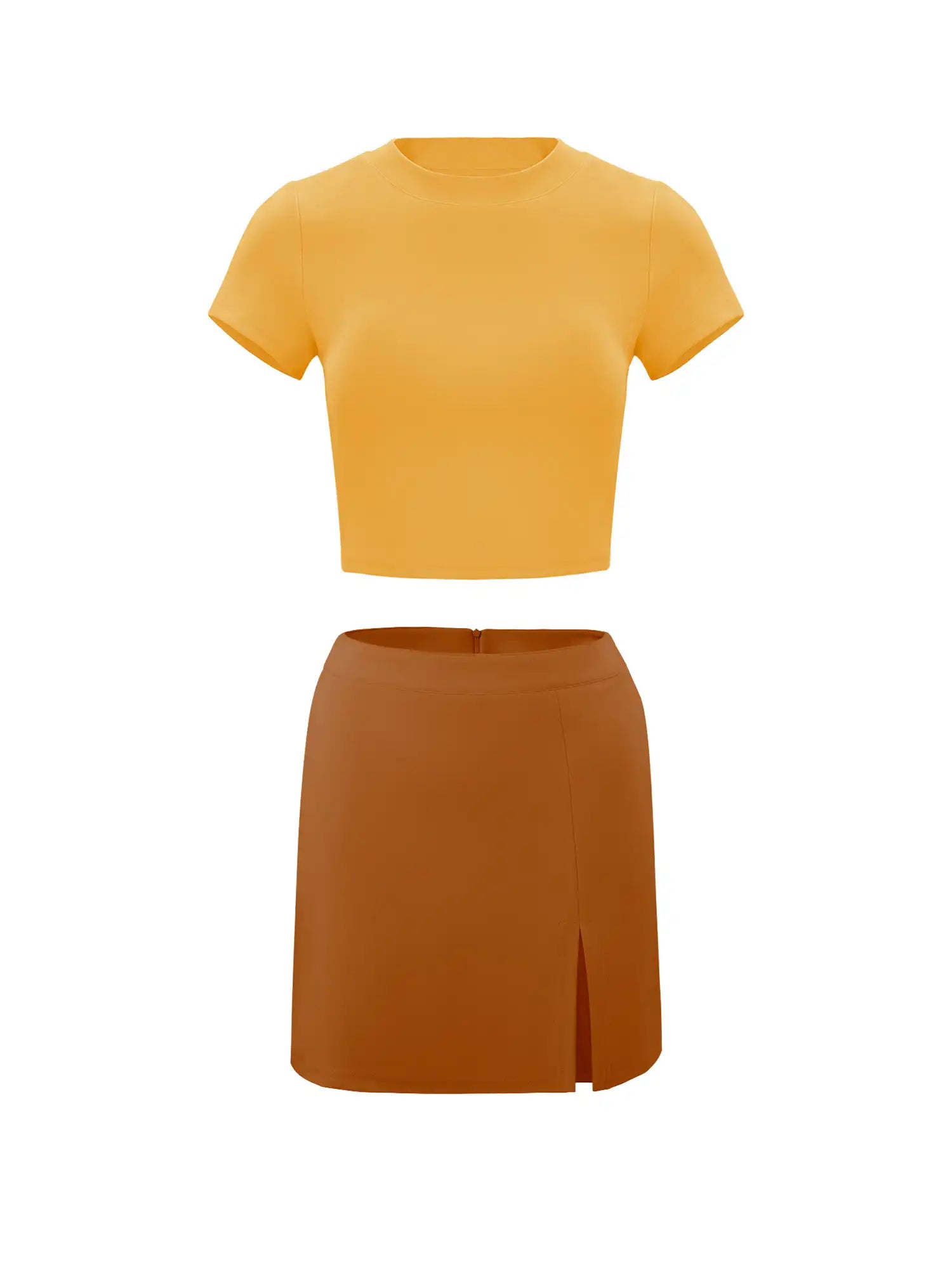 Roundneck Short &amp; Mini Skirt Contrasting Color Casual Set