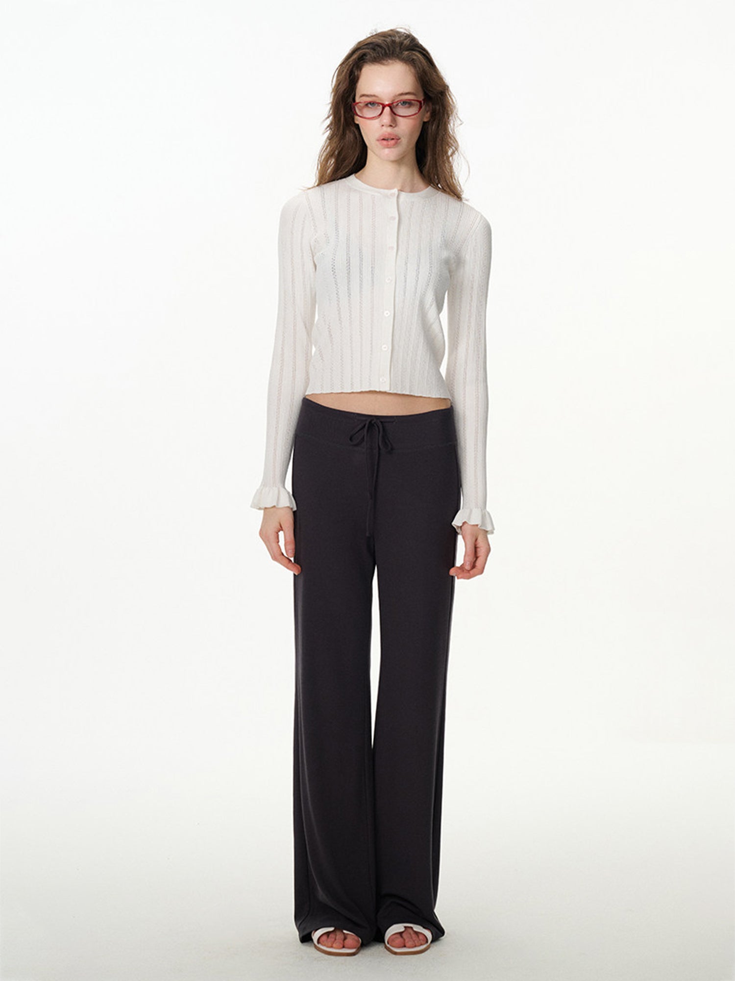 black high-rise wide-leg lounge pants, on model, alternate view
