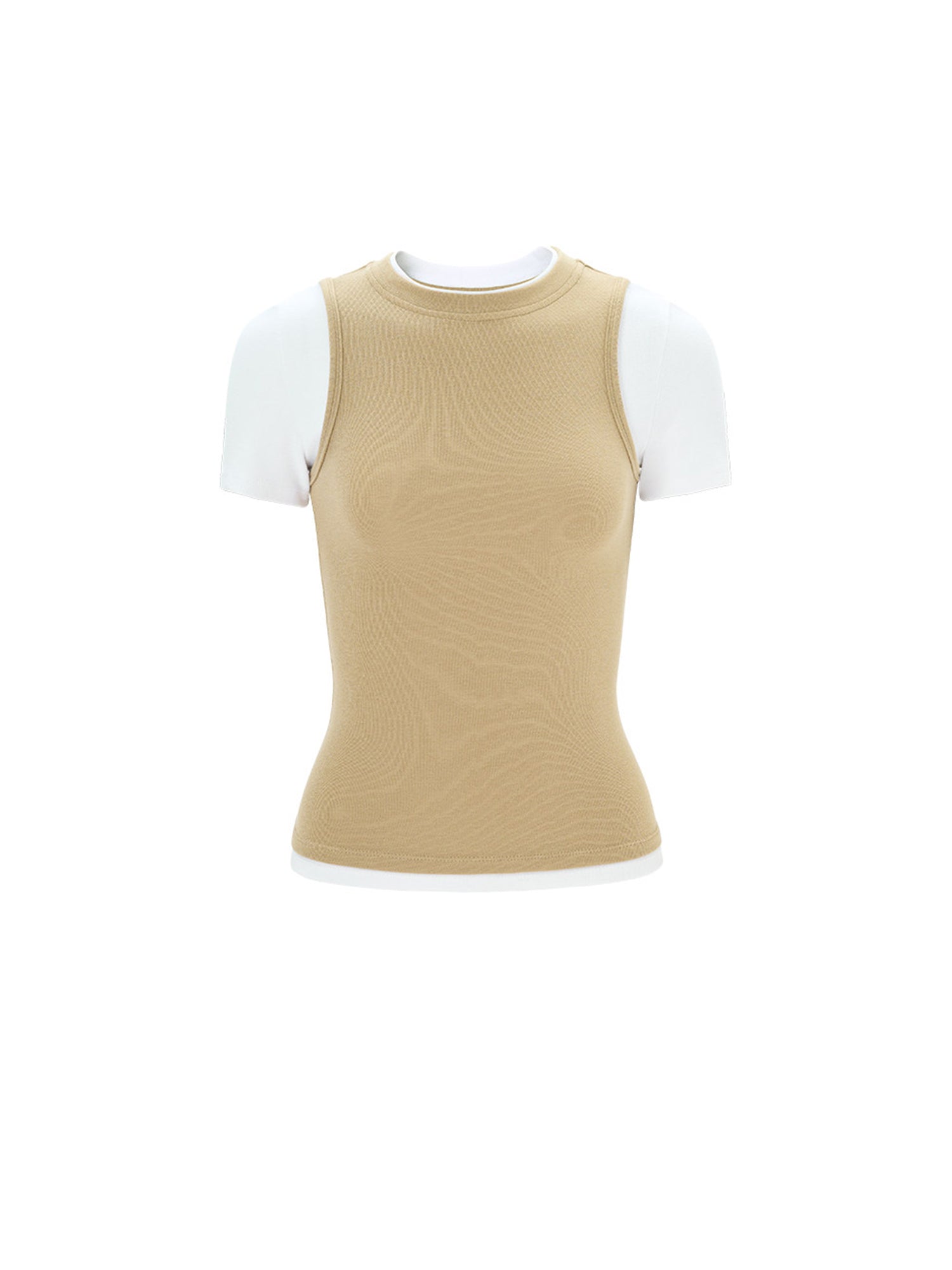 beige layered cropped short sleeve top, flat-lay front