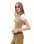 beige layered cropped short sleeve top, on model, primary view