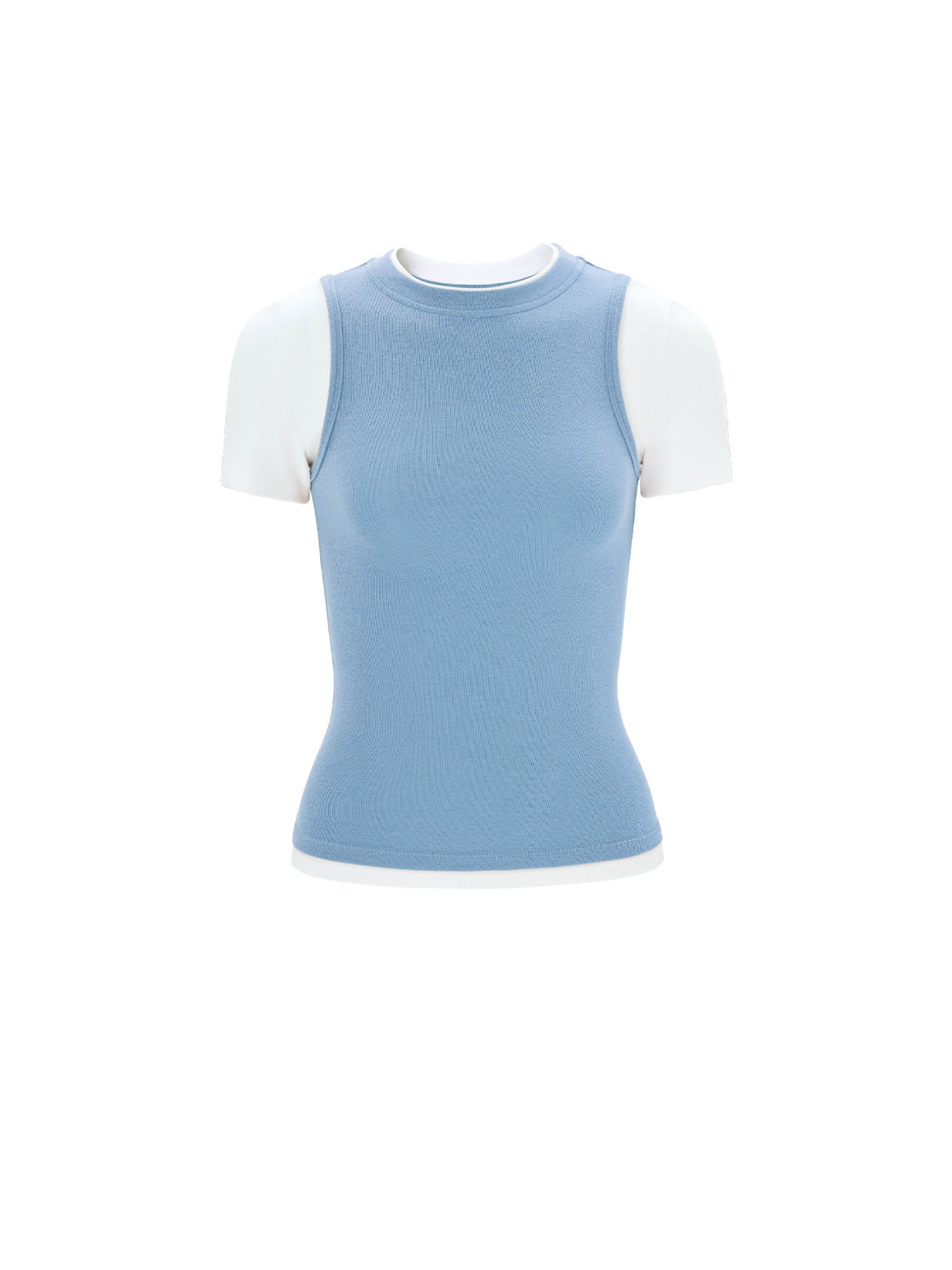 blue layered cropped short sleeve top, flat-lay front