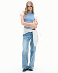 blue layered cropped short sleeve top, on model, primary view