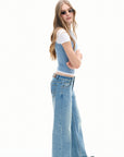 blue layered cropped short sleeve top, on model, alternate view