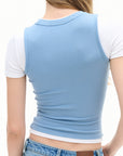 blue layered cropped short sleeve top, on model, full-length view