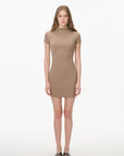 beige mock neck fitted mini dress, on model, alternate view