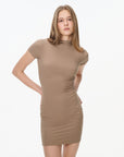 beige mock neck fitted mini dress, on model, full-length view