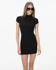 black mock neck fitted mini dress, on model, primary view