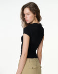black ruched button-front short sleeve top, on model, primary view