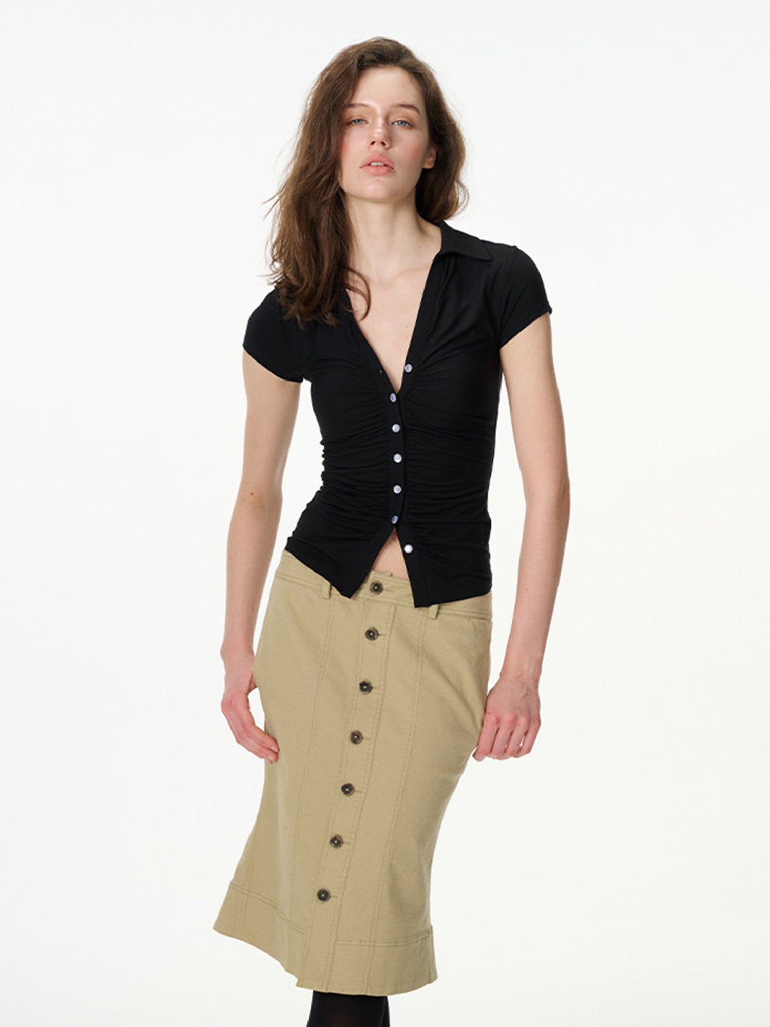 black ruched button-front short sleeve top, on model, alternate view