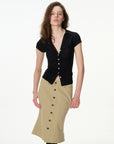 black ruched button-front short sleeve top, on model, alternate view