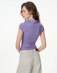 purple ruched button-front short sleeve top, on model, primary view