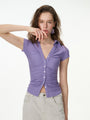 purple ruched button-front short sleeve top, on model, full-length view