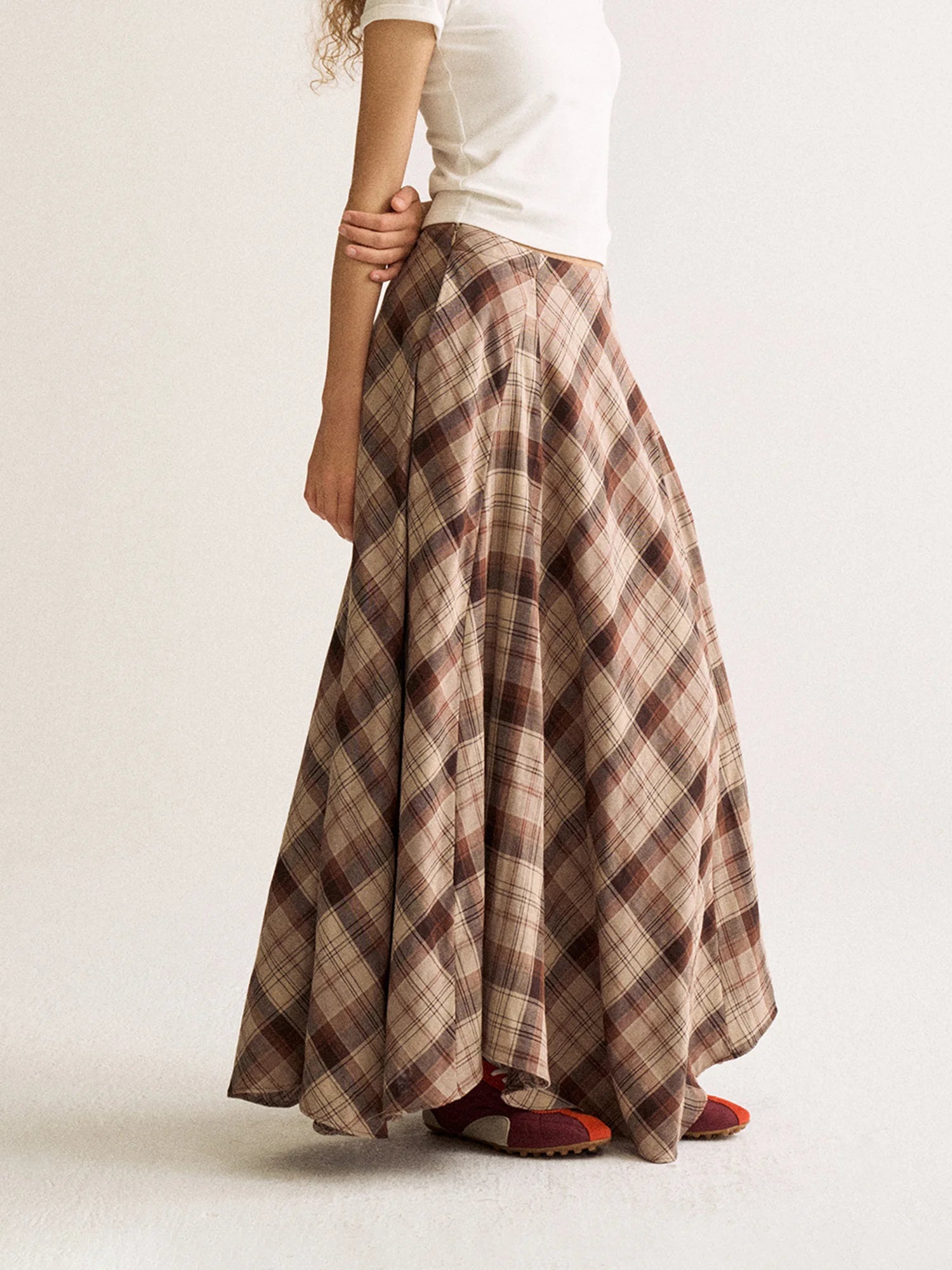 Autumn Plaid Asymmetric Maxi Skirt