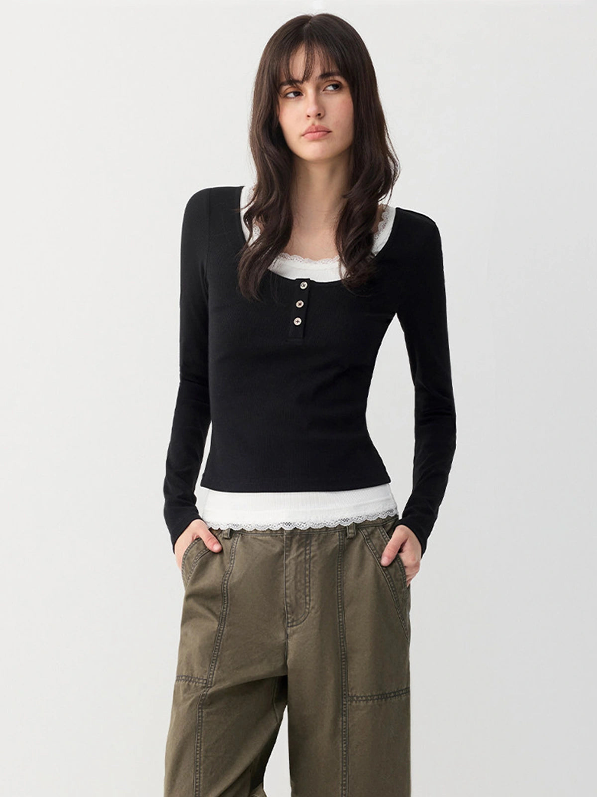 Lace-Trim Layered Henley Top in Gray/Mint a?? view 4