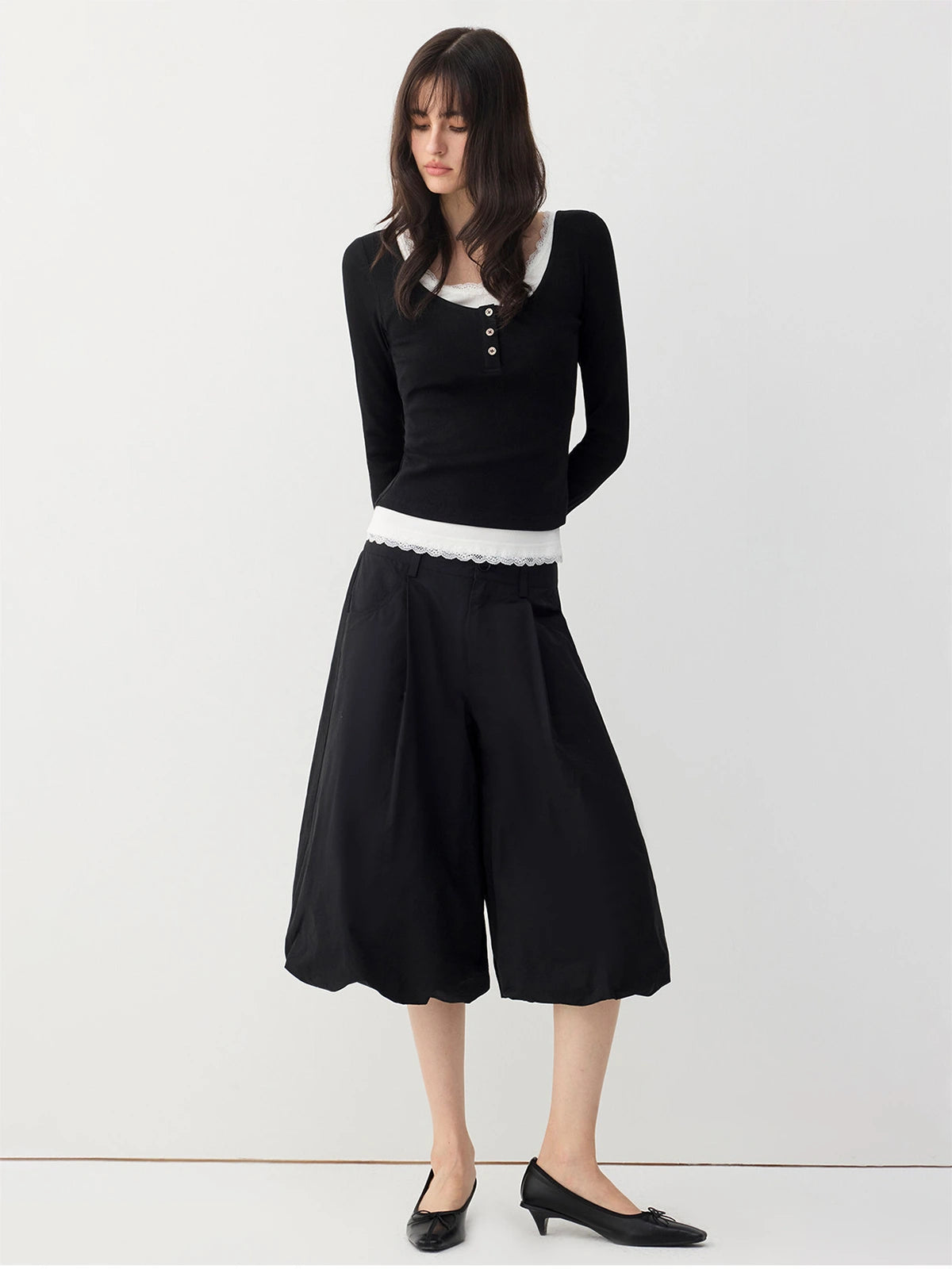 Lace-Trim Layered Henley Top