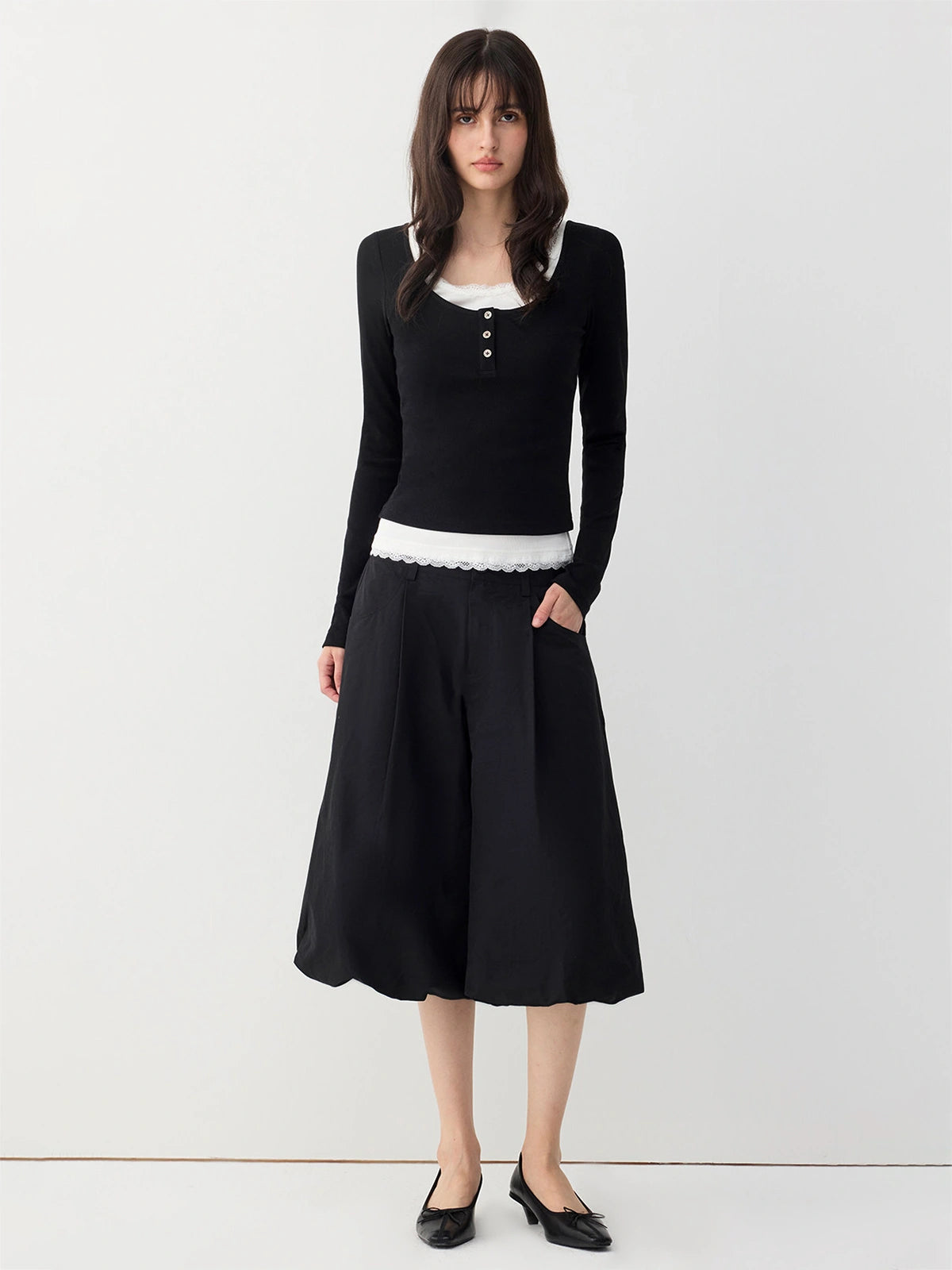 Lace-Trim Layered Henley Top
