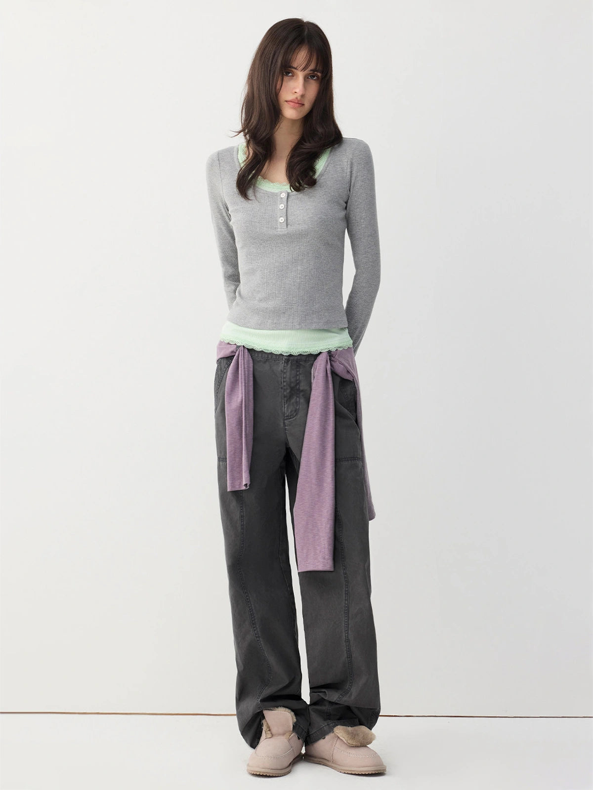 Lace-Trim Layered Henley Top