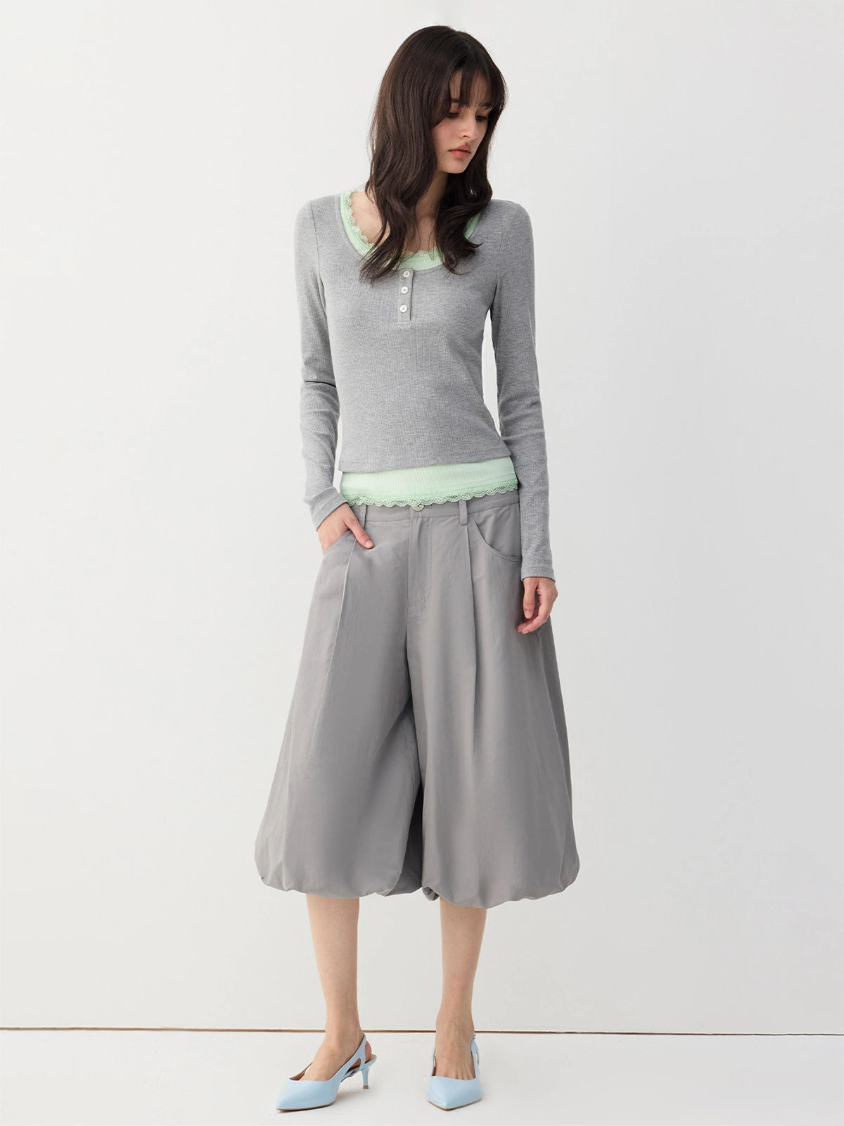 Lace-Trim Layered Henley Top