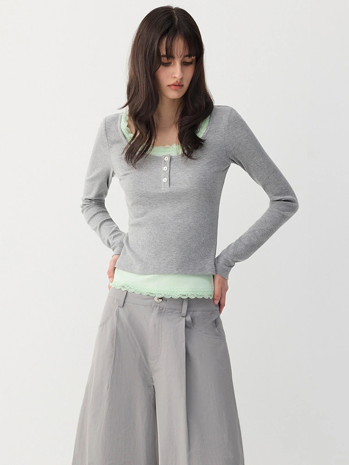Lace-Trim Layered Henley Top