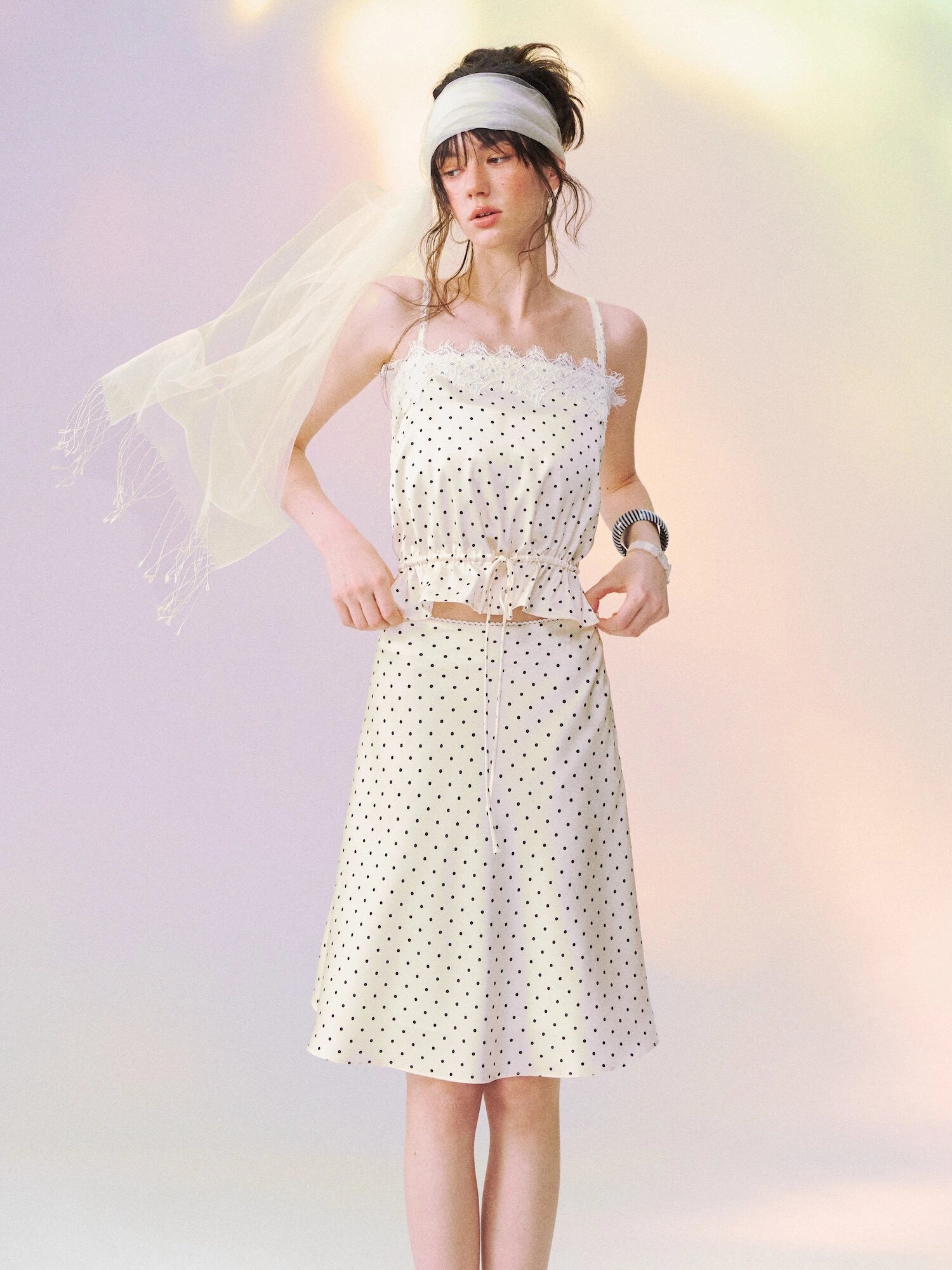 Lace-Trim Polka Dot Satin Cami