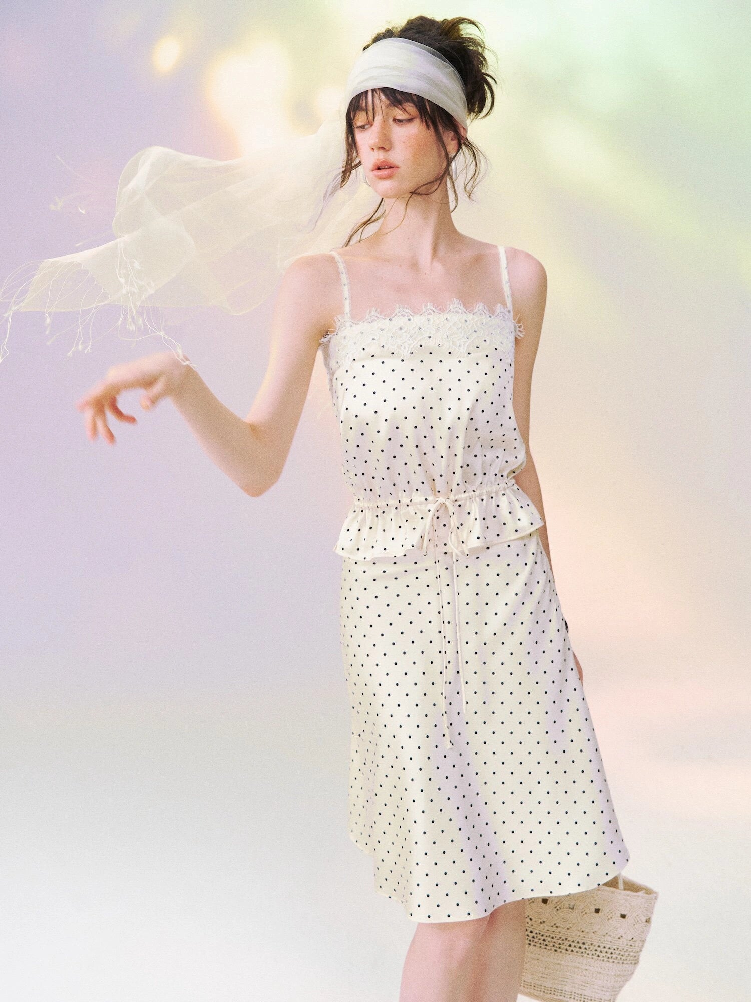 Lace-Trim Polka Dot Satin Cami