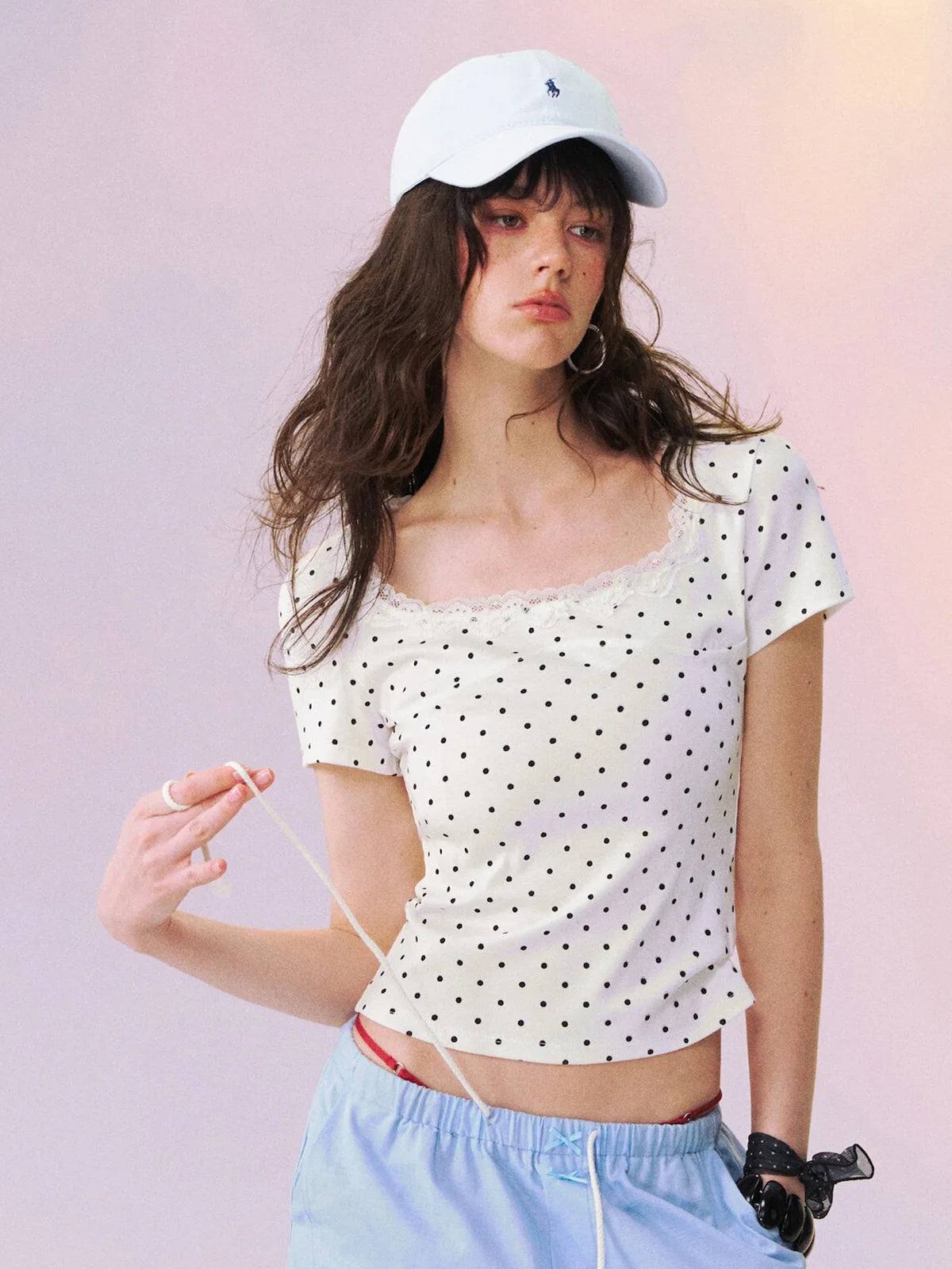 Lace-Trim Polka Dot Square-Neck Top in White ¡ª view 4