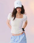 Lace-Trim Polka Dot Square-Neck Top