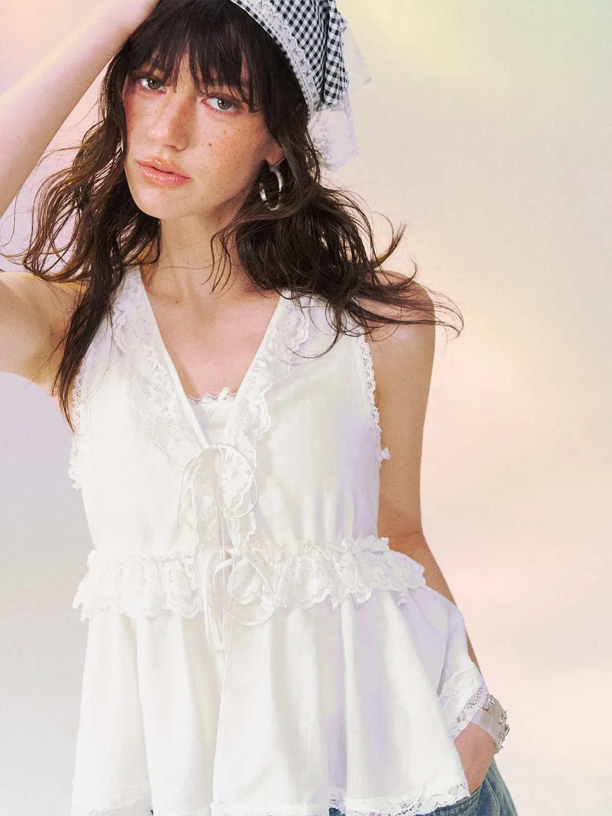 Lace-Trim Tie-Front Peplum Top in White ¡ª view 4