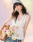 Lace-Trim Tie-Front Peplum Top