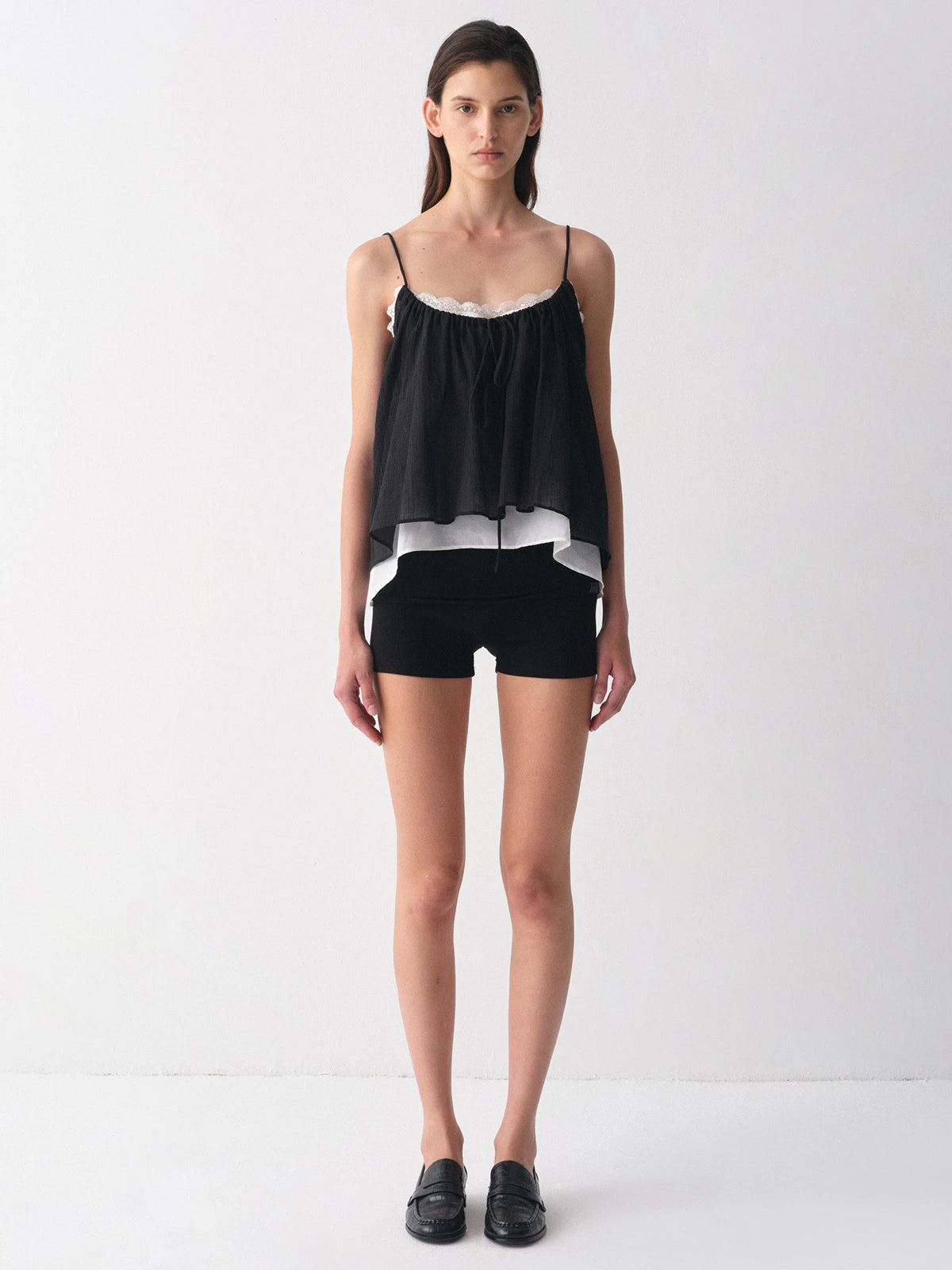 Layered Lace-Trim Drawstring Cami