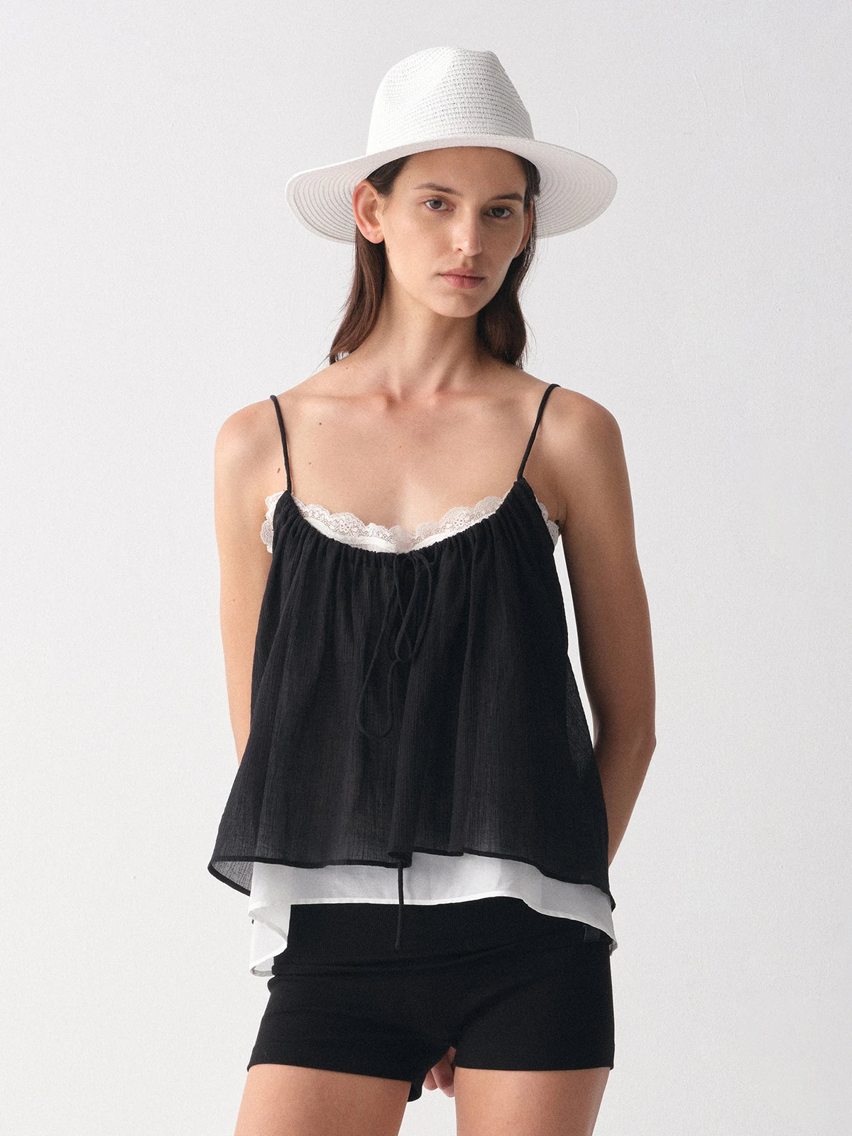 Layered Lace-Trim Drawstring Cami