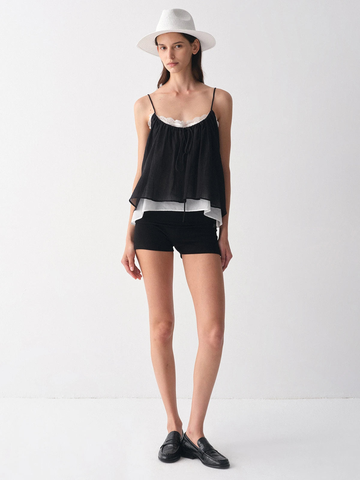 Layered Lace-Trim Drawstring Cami