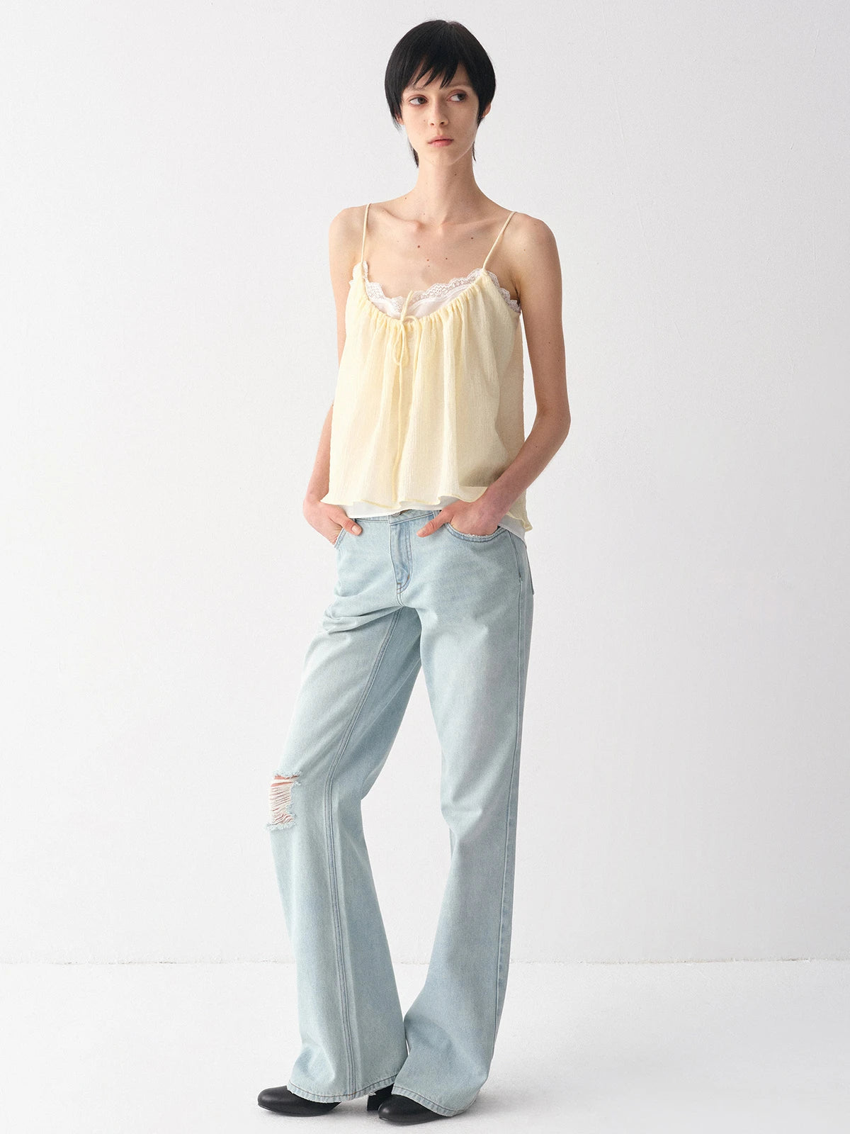 Layered Lace-Trim Drawstring Cami