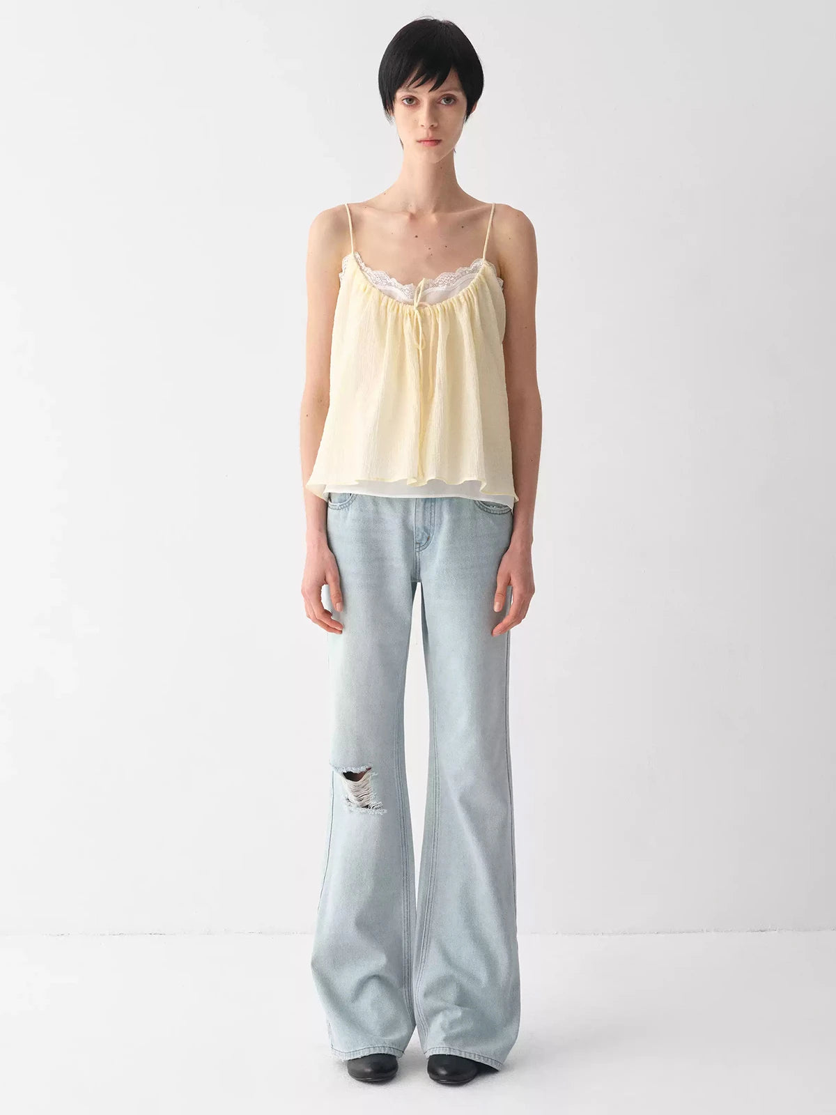 Layered Lace-Trim Drawstring Cami