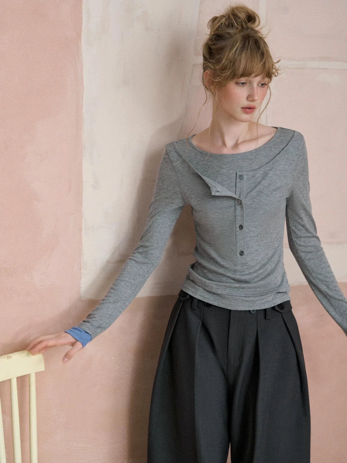Layered-Look Boatneck Henley Top