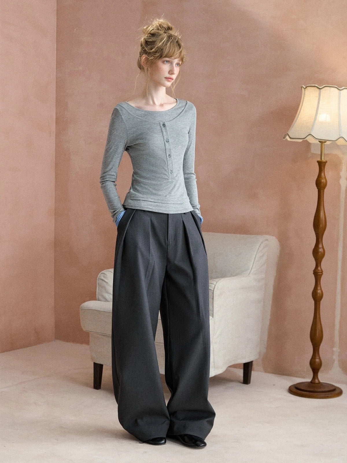 Layered-Look Boatneck Henley Top