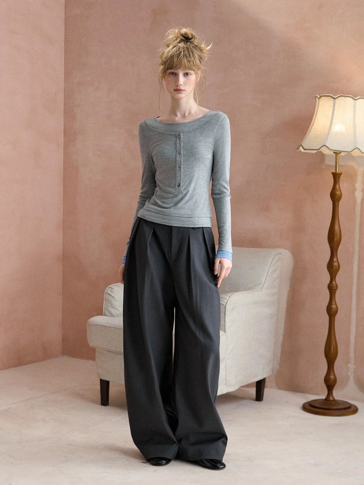 Layered-Look Boatneck Henley Top
