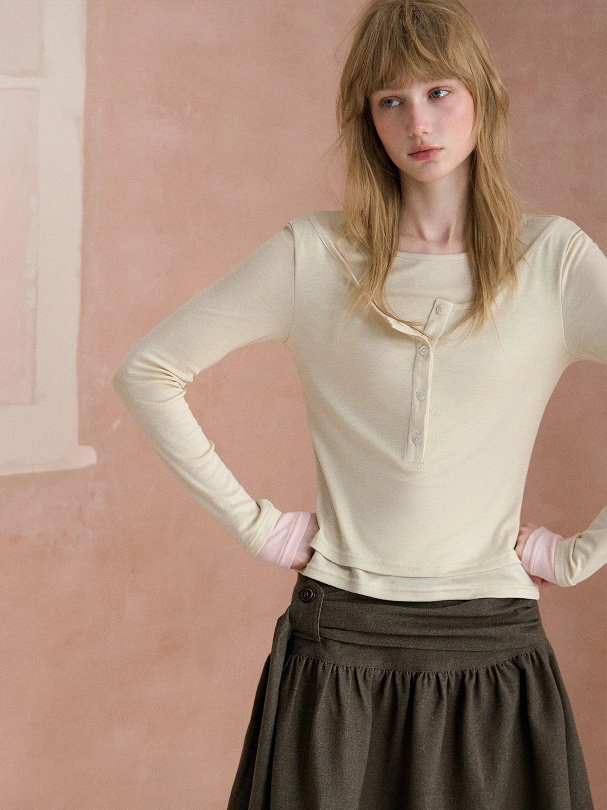 Layered-Look Boatneck Henley Top