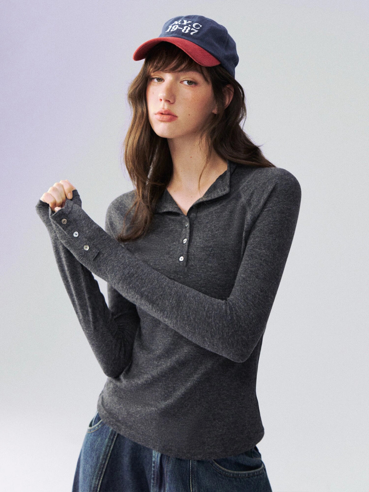 Mock-Neck Button-Cuff Henley Top