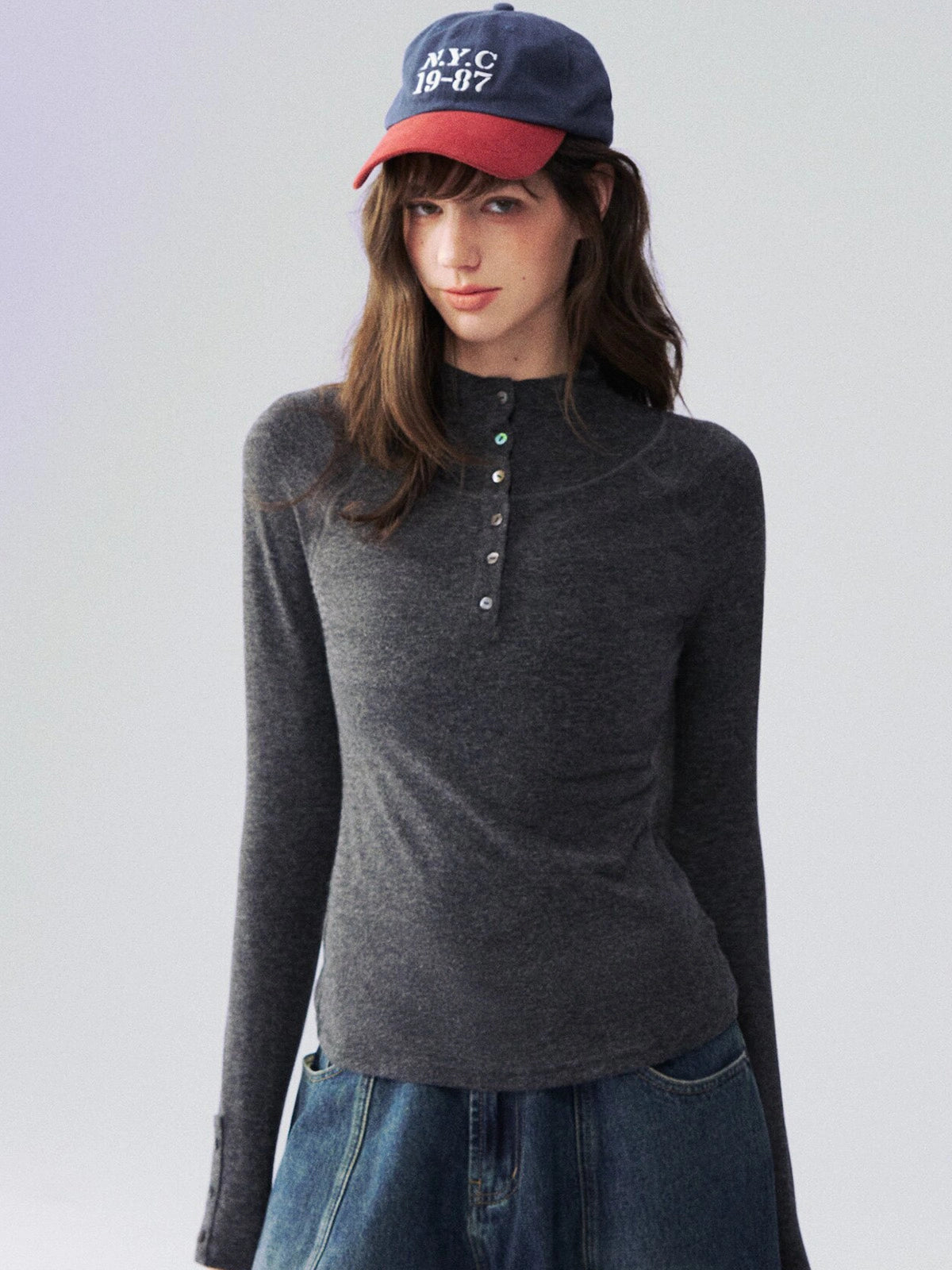 Mock-Neck Button-Cuff Henley Top