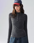 Mock-Neck Button-Cuff Henley Top