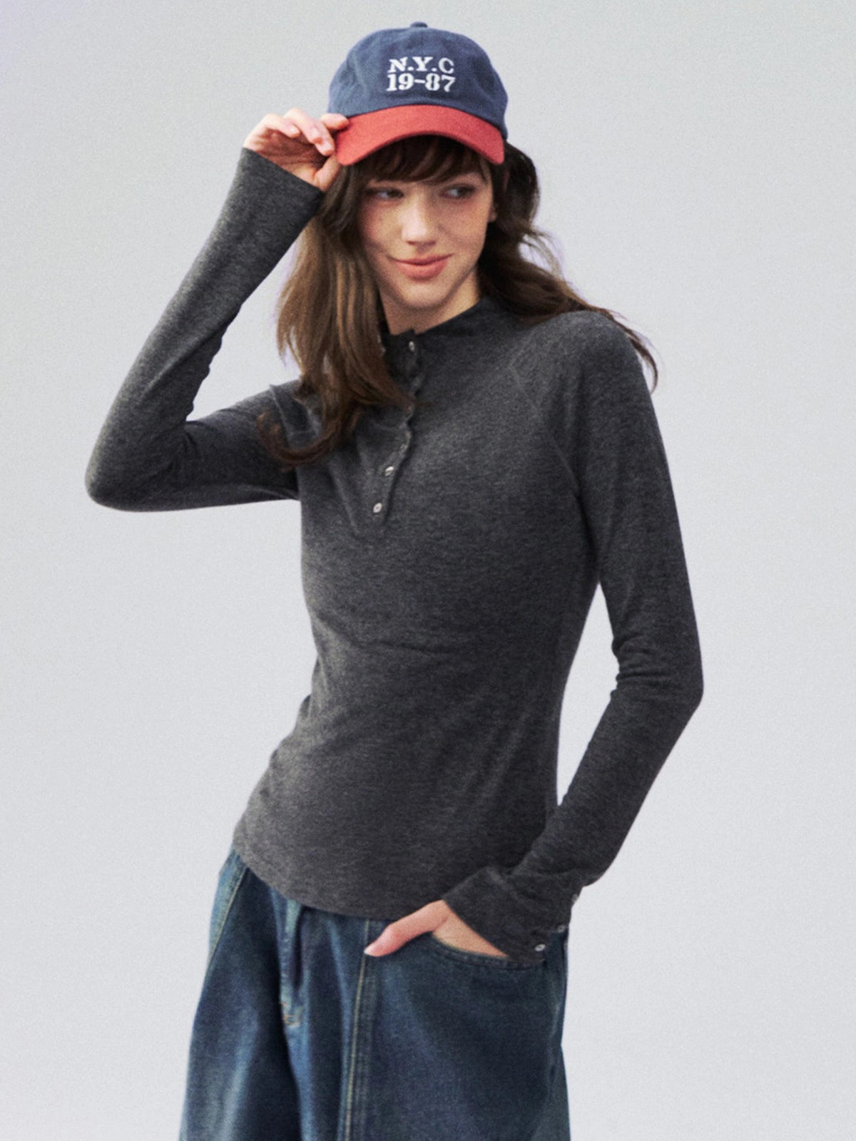 Mock-Neck Button-Cuff Henley Top