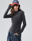 Mock-Neck Button-Cuff Henley Top