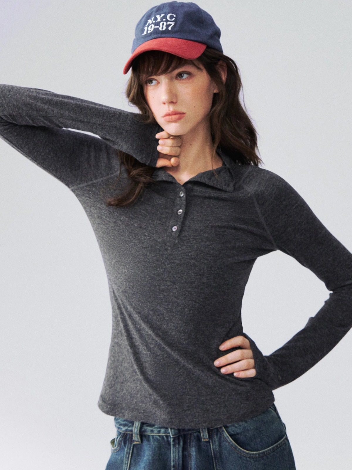 Mock-Neck Button-Cuff Henley Top