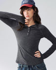 Mock-Neck Button-Cuff Henley Top