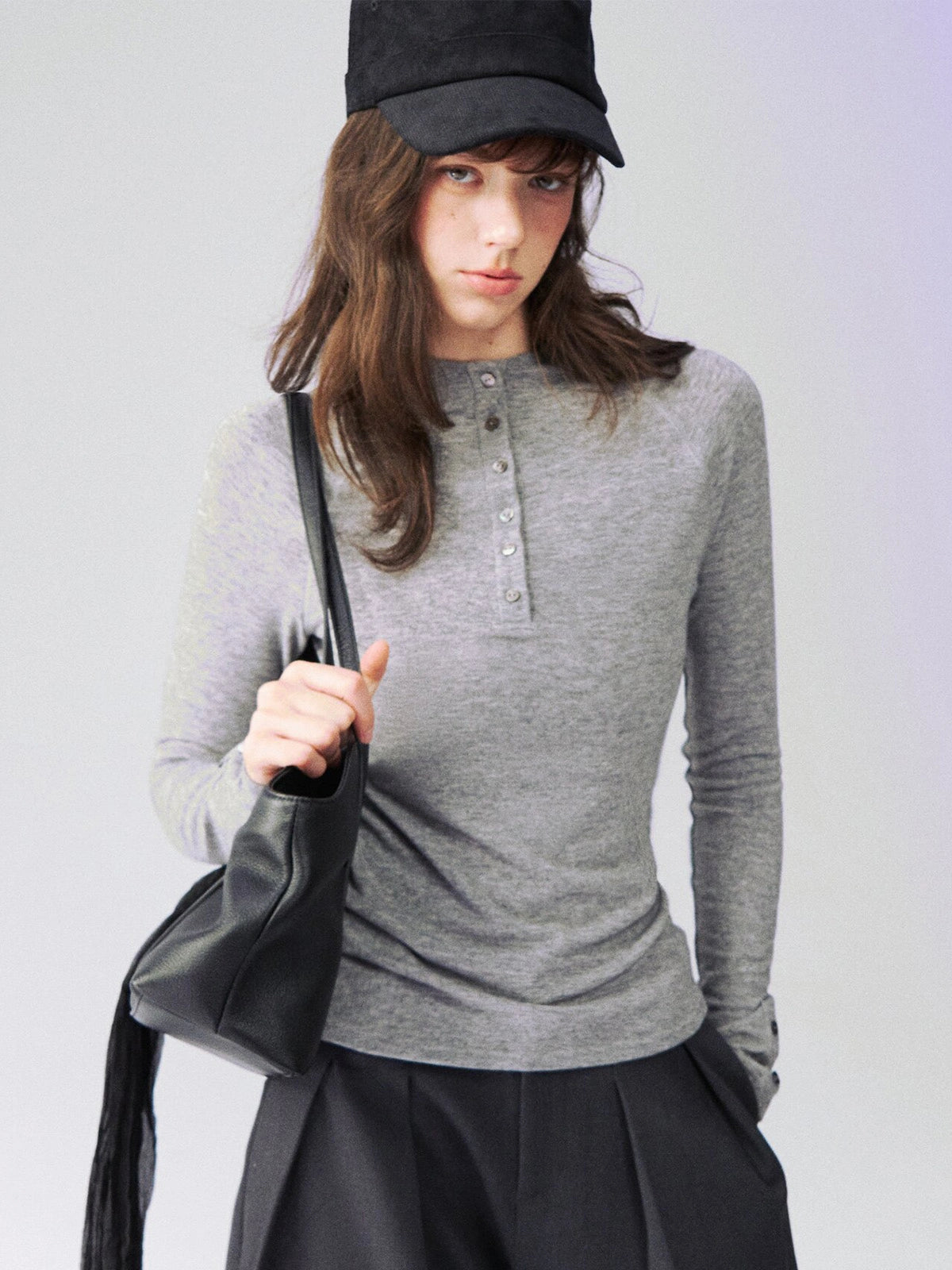 Mock-Neck Button-Cuff Henley Top