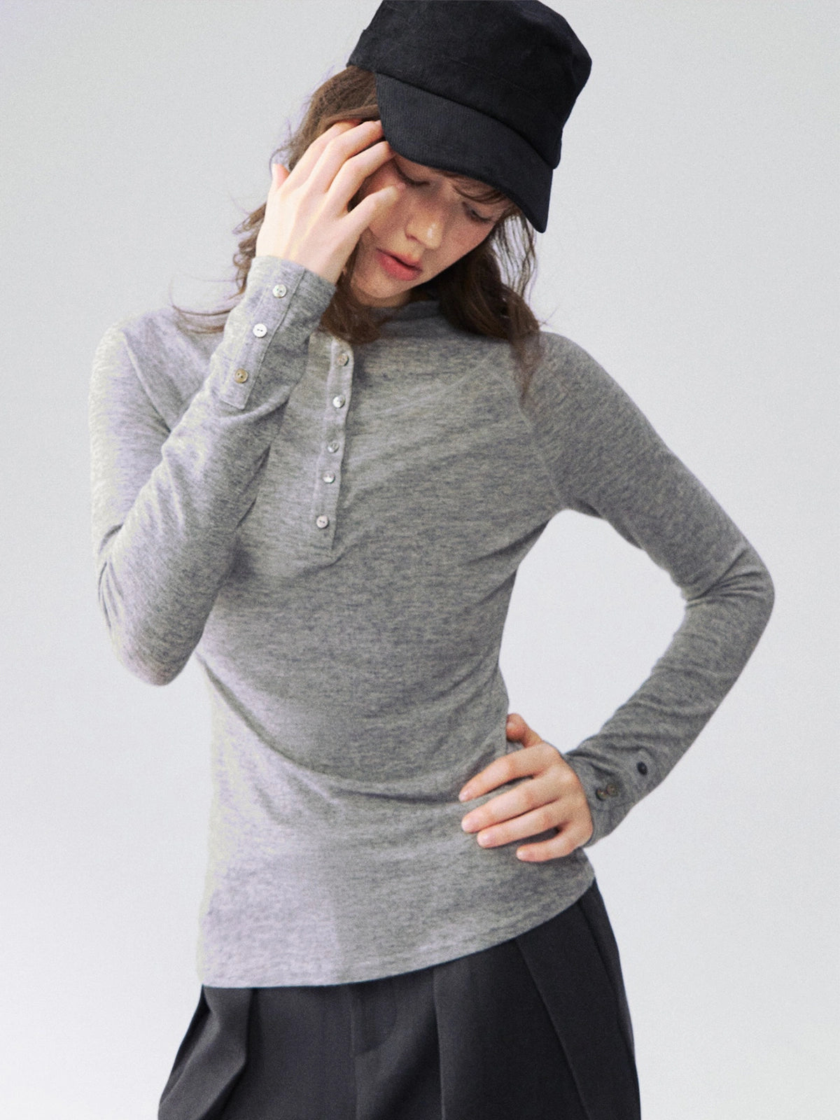 Mock-Neck Button-Cuff Henley Top