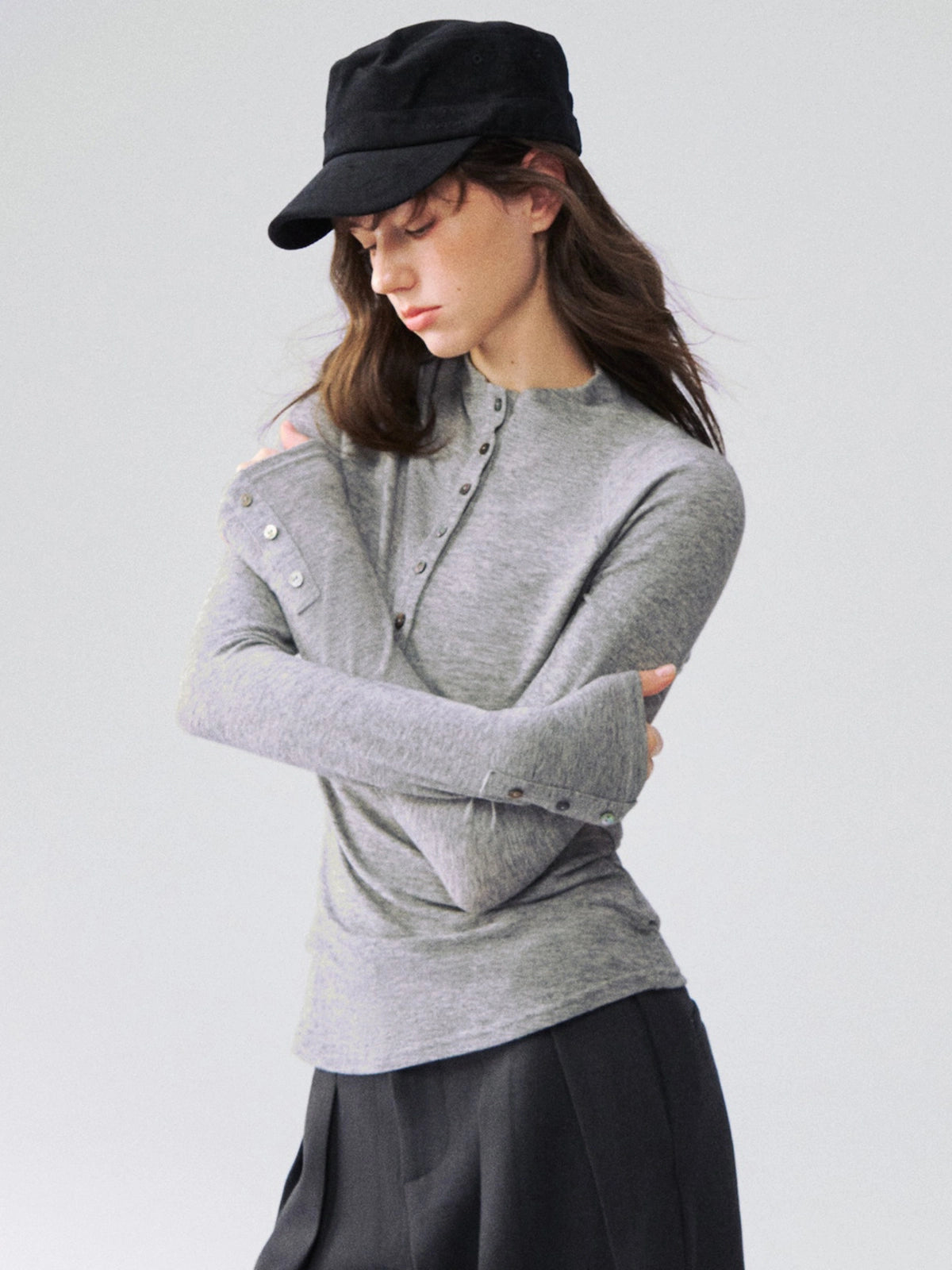 Mock-Neck Button-Cuff Henley Top