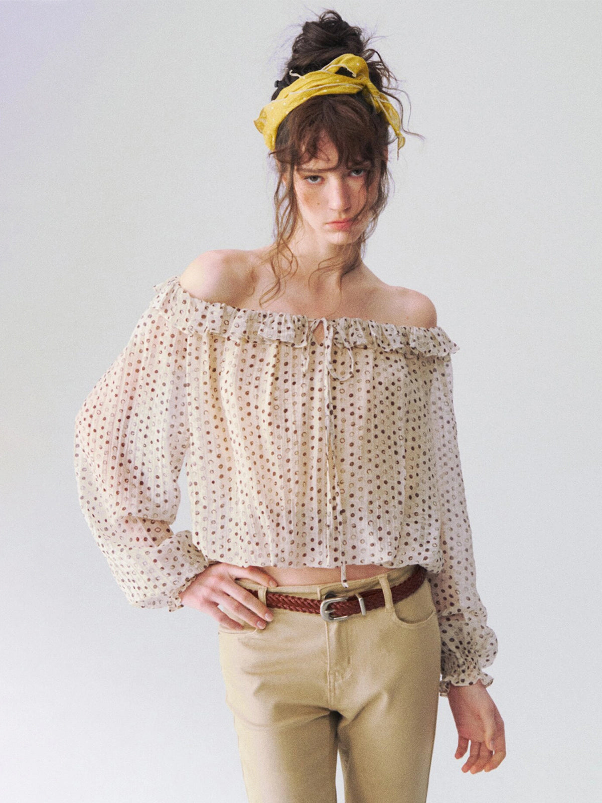 Off-Shoulder Polka Dot Blouse in Ivory a?? view 4